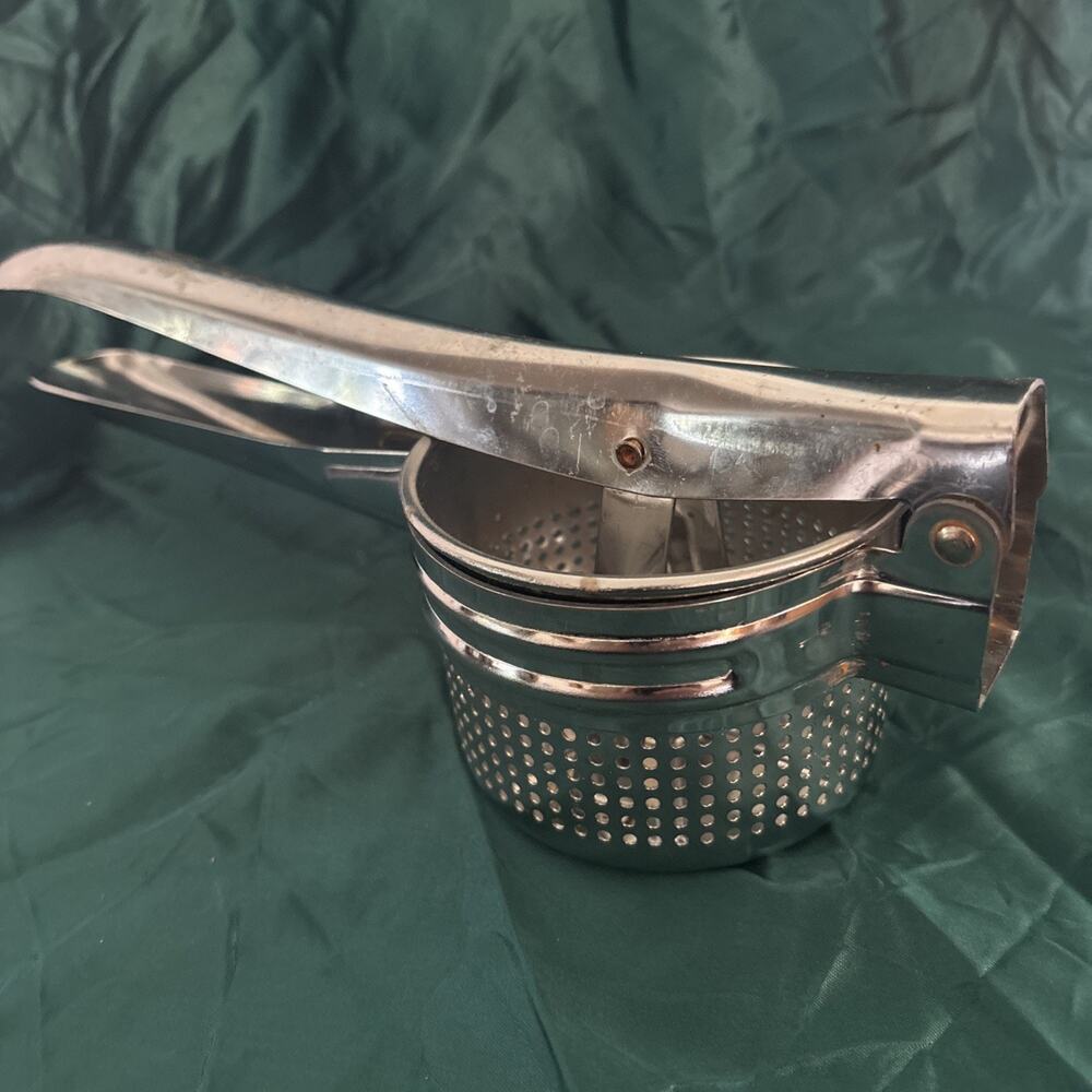 Vintage Metal Tomato Potato Crusher Masher Rice, Juicer Kitchen Gadget Strainer